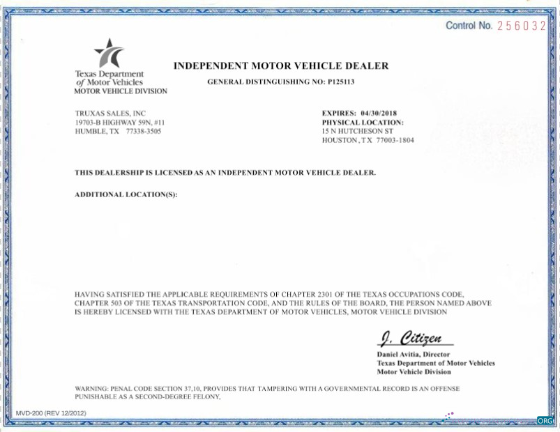 Download USA Texas Independent Motor Vehicle Dealer Photoshop template